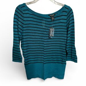 White House Black Market Teal and Black Knit Boatneck Top.  NWT Size M